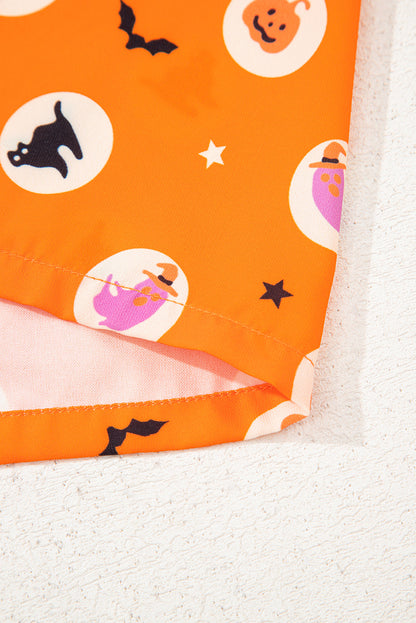 Orange Halloween Print Lapel Shirt Long 2pcs Pajama Set