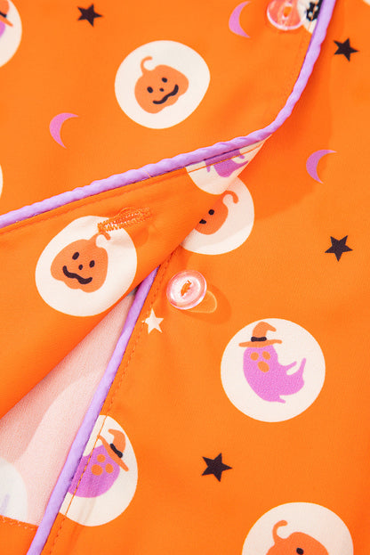 Orange Halloween Print Lapel Shirt Long 2pcs Pajama Set